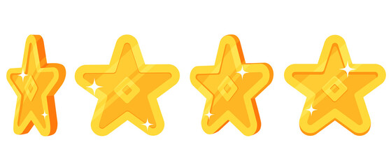 Set of Golden Stars, Cartoon Style, Hand Drawing, Glowing, Game Element, Isolated, Flat Illustration