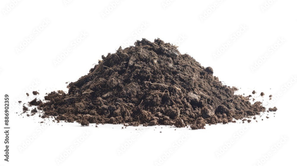 Poster a photo of a pile of dirt on a white surface, perfect for use in illustrations or designs where a na