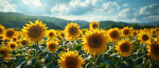 Fototapeta premium Golden Splendor: Sunflower Field under Radiant Summer Sky