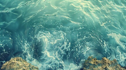 Obraz premium High view of ocean waves gently lapping a rocky shore, in pastel turquoise and soft yellow, ultra HD, minimalist and striking