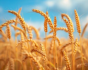 Fototapeta premium Golden wheat field under a blue sky, rural tranquility, harvest season