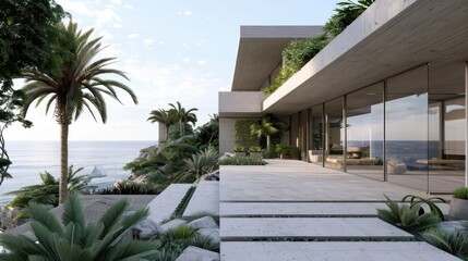 Fototapeta premium A large house with a pool and a beach in the background. The house is surrounded by palm trees and has a lot of greenery. Scene is serene and relaxing, as it depicts a luxurious and peaceful lifestyle
