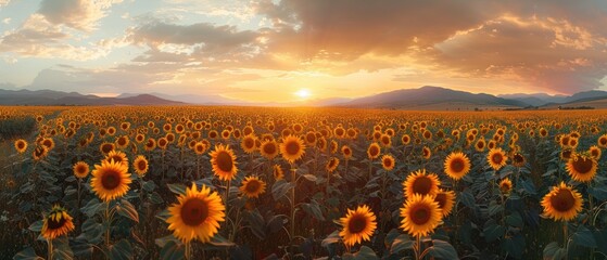 Obraz premium Golden Glow: Panoramic View of Sunflower Field at Sunset