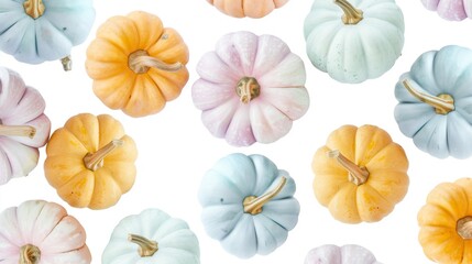 Colorful small pumpkins on a white background.  Abstract art. Thanksgiving concept.
