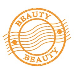 BEAUTY, text written on orange  postal stamp.