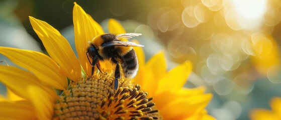 Vibrant Sunflower with Bumblebee Collecting Nectar in Summer Garden