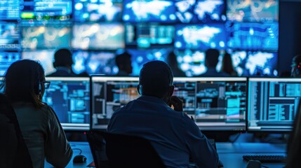 network operations center (NOC) with technicians monitoring network traffic, troubleshooting issues, and ensuring network performance for a high-tech and dynamic visual representation