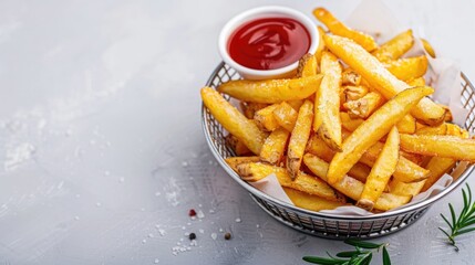 Crispy golden french fries served in a basket with a side of ketchup, seasoned with salt and herbs, perfect snack or side dish.