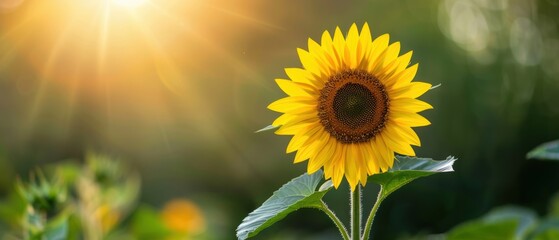 Blooming Sunflower with Lush Green Leaves in Bright Sunlight