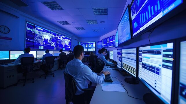 high-tech and dynamic image of a network operations center (NOC) with technicians monitoring network traffic, troubleshooting issues, and ensuring network performance
