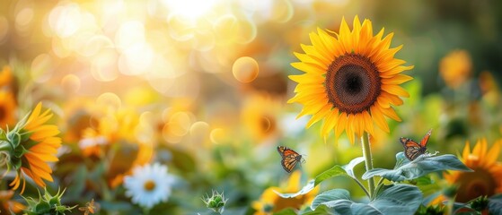Fototapeta premium Vibrant Sunflower Garden Buzzing with Bees and Butterflies - Nature's Harmony in Full Bloom