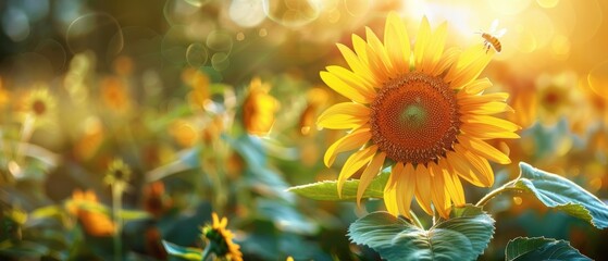 Fototapeta premium Vibrant Sunflower Garden Buzzing with Bees and Butterflies - Nature's Harmony