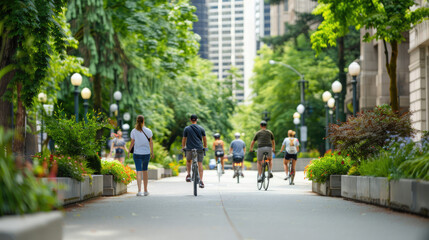 Obraz premium People biking and walking on a green city street lined with trees, enjoying an active and eco-friendly urban environment.