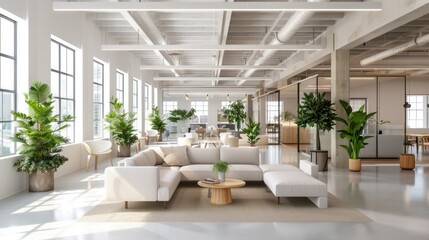 A large open office space with a white couch and a coffee table in the middle. The couch is surrounded by potted plants and a few chairs. The room has a modern and minimalist design