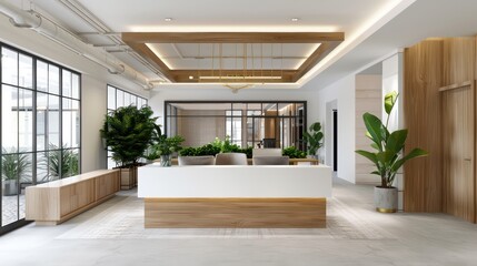 A modern office space with a large wooden desk and a potted plant. The room is well lit and has a clean, minimalist design