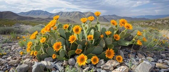Fototapeta premium Desert Harmony: Sunflowers and Cacti Embracing Diversity in Arid Landscape