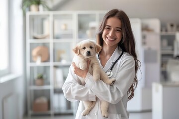 Young female veterinarian holding a puppy in a modern veterinary clinic. Pet healthcare and medical treatment concept.