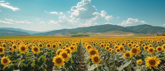 Obraz premium Vibrant Sunflower Field with Scattered Cacti under Sunny Sky
