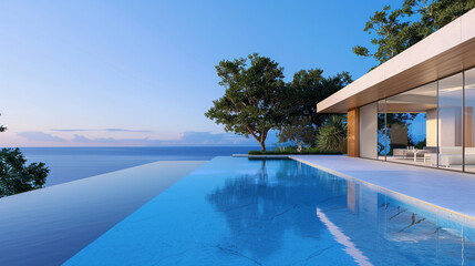 Fototapeta premium Modern villa featuring clean lines and an infinity pool.