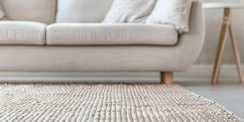 Obraz premium Closeup of beige sofa on carpet in home interior setting. Concept Home Interior Photography, Beige Sofa, Closeup Shot, Interior Design, Cozy Home