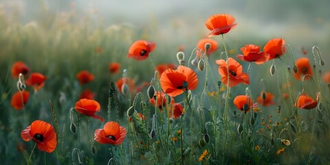 Fototapeta premium Vibrant oil painting capturing red poppies in a lush green meadow. Concept Nature, Flowers, Painting, Landscape, Art