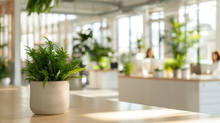 Fototapeta premium A potted plant sits on a wooden table in a room with a lot of greenery. The plant is a small fern and is placed in a white ceramic pot. The room has a natural and calming atmosphere