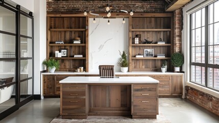 A large wooden desk with a white computer monitor sits in front of a large bookshelf. The room is well lit by a window and has a cozy, inviting atmosphere