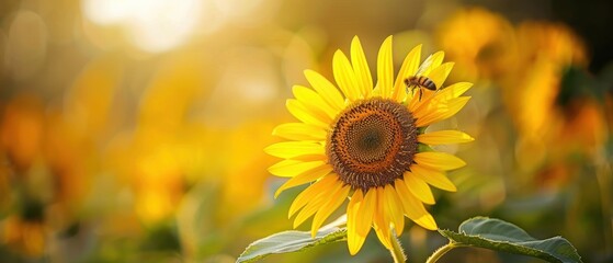 Obraz premium Vibrant Sunflower with Busy Bees Collecting Pollen in a Summer Garden