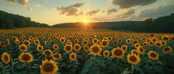 Fototapeta premium Golden Hour Glow: Stunning Sunset over a Field of Blooming Sunflowers