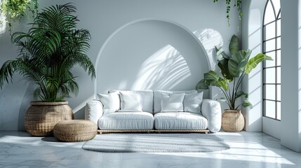 Minimalist Living Room Design: White Walls and Ceilings, Minimal Furniture.
