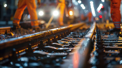 railroad tracks being replaced by workers in orange suits, close-up, blurred background with railway work machinery and lights