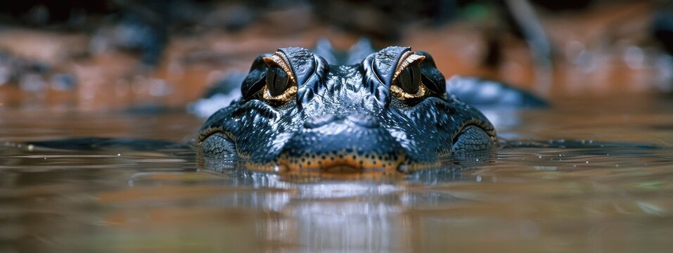 Stealthy Black Caiman Peeking from Amazon River Surface