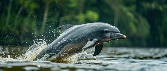 Obraz premium Majestic Amazon River Dolphin Leaping Amidst Lush Forest Setting