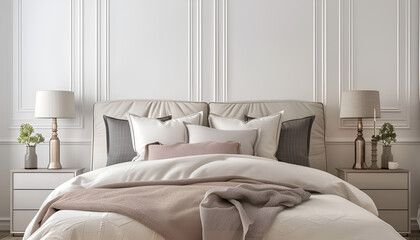Fototapeta premium Comfortable bed between bedside tables with lamps at home. Interior design