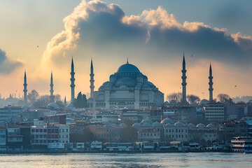 Obraz premium Photo of Hagia Sophia Cathedral during sunset in Istanbul, Turkey. Landscape view.