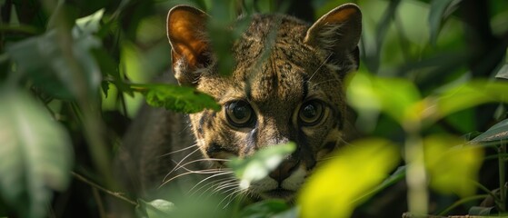 Elusive Jaguarundi Camouflaged in Amazon Rainforest Undergrowth