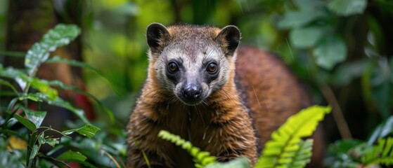 Obraz premium Curious South American Coati Foraging in Lush Amazon Jungle Background