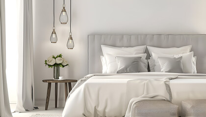 Comfortable bed between bedside tables with lamps at home. Interior design