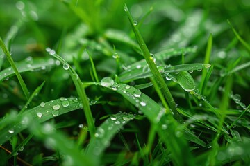 Obraz premium Close-Up of Dew Drops on Fresh Green Grass