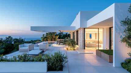 Fototapeta premium Luxury villa with a rooftop terrace and minimalist design.