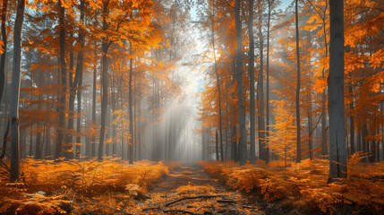 Obraz premium Misty Autumn Forest with Orange Foliage & Sunlight Filtering Through Trees Background Wallpaper