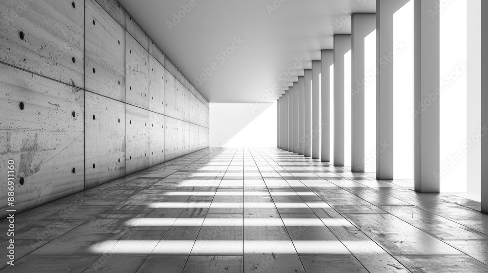 Poster sunlight casting geometric shadows in a corridor with columns