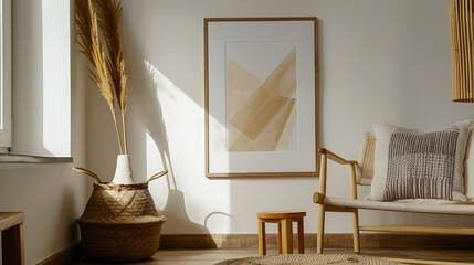 A white framed picture sits on a table next to a vase and a potted plant