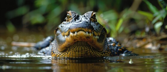 Obraz premium Stealthy Caiman Concealed by Amazon River Vegetation