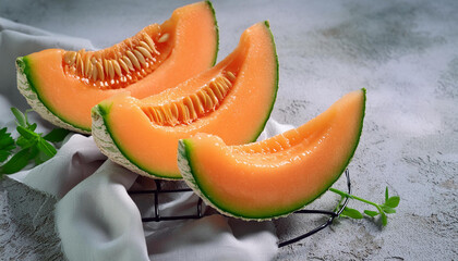 Cantaloupe melon pieces on a gray concrete background. Ripe delicious melon. Selective Focus