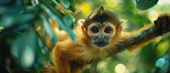 Fototapeta premium Curious Spider Monkey Swinging from Tree in Lush Amazon Rainforest