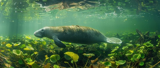 Graceful Amazonian Manatee Feeding in Lush Underwater Environment with Aquatic Plants in Clear River