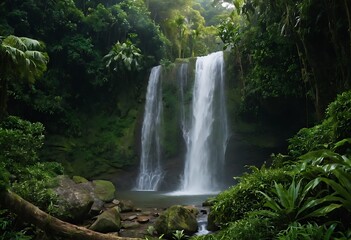 A cascading waterfall in a tropical rainforest, surrounded by lush greenery and exotic plants.