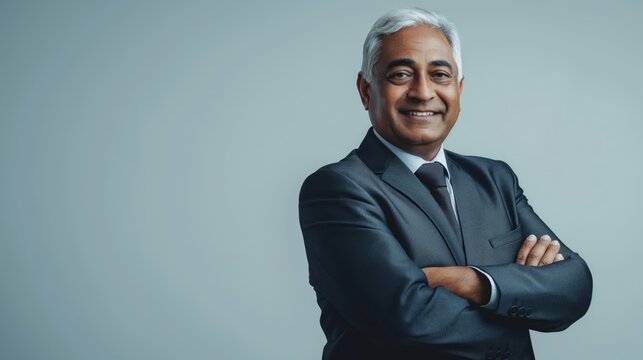 Professional Senior Indian Businessman in Formal Attire with Arms Crossed, Smiling Confidently