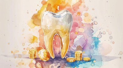 A single tooth sits prominently against a colorful watercolor background, symbolizing dental health and care.